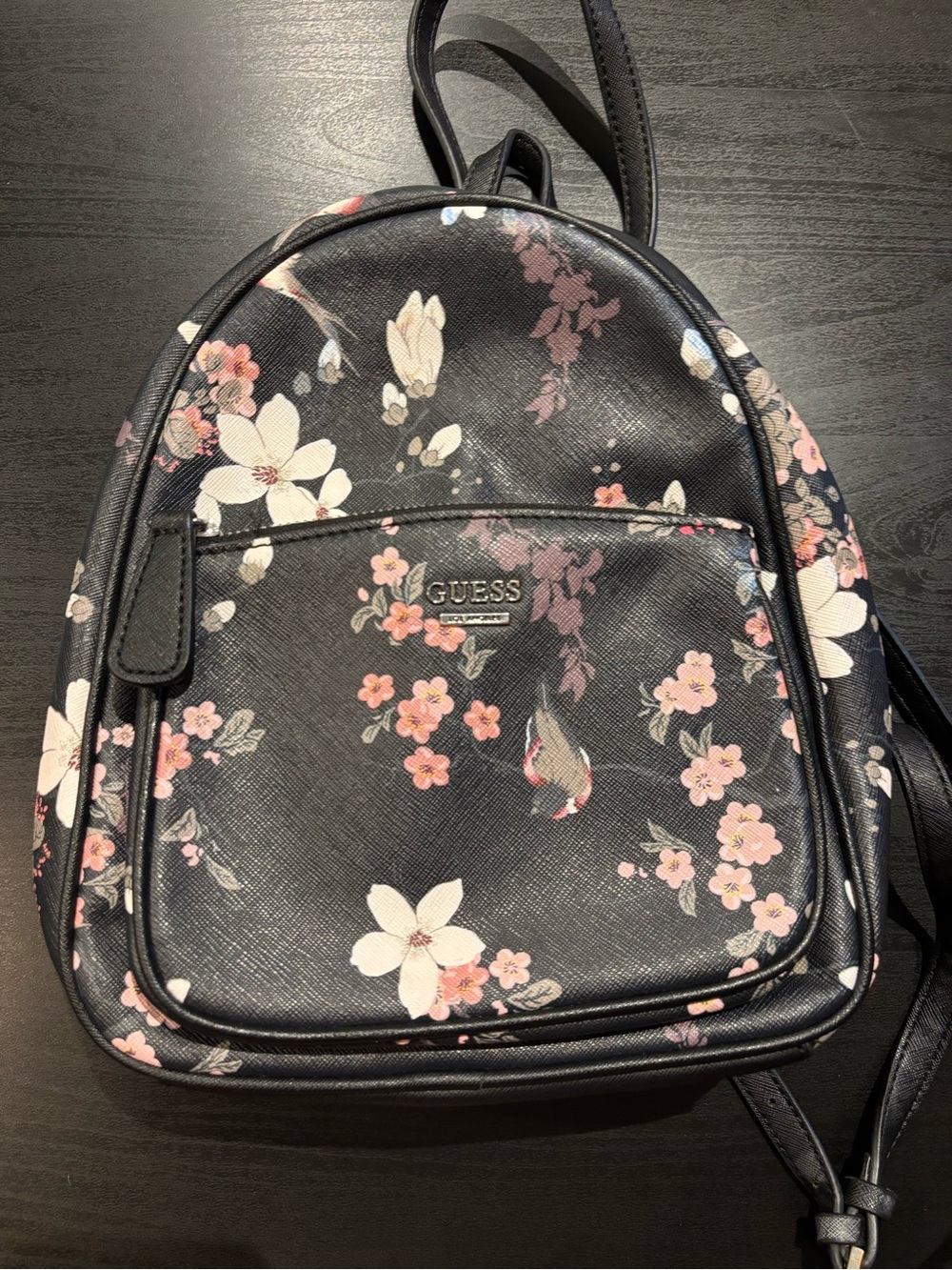 GUESS Black Mini Backpack with Pink & White Floral Print